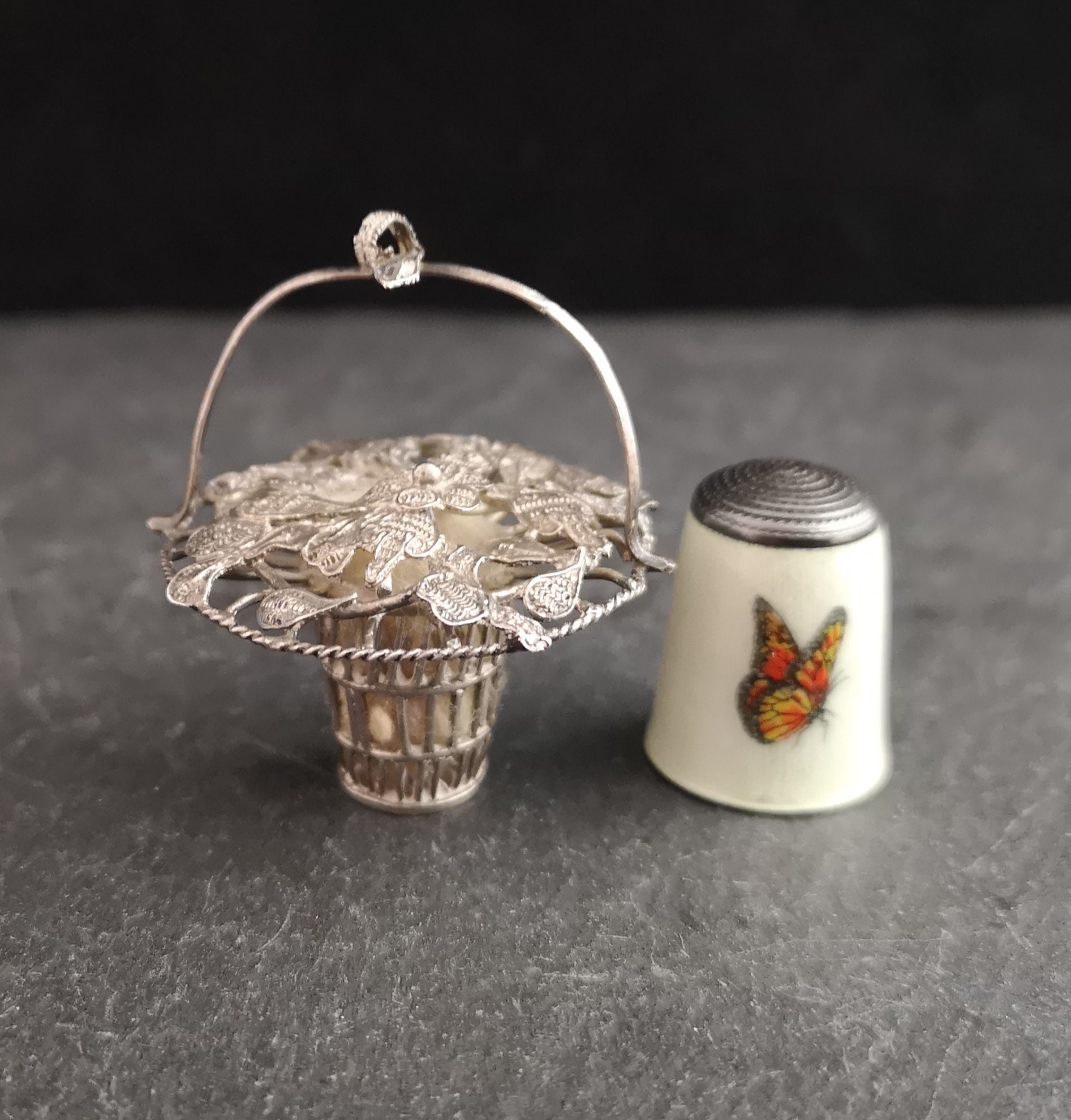 Vintage sterling silver dolls flower basket, miniature