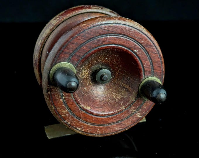 Antique early Allcocks wide drum wood and brass fishing reel
