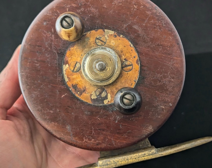 Antique wood and Brass centrepin fishing reel, fixer upper