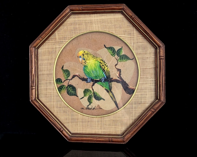 Vintage Retro Budgie painting, Bamboo effect frame, Leaf picture