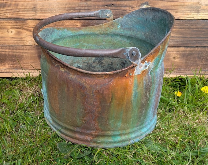 Distressed reclaimed antique copper coal bucket