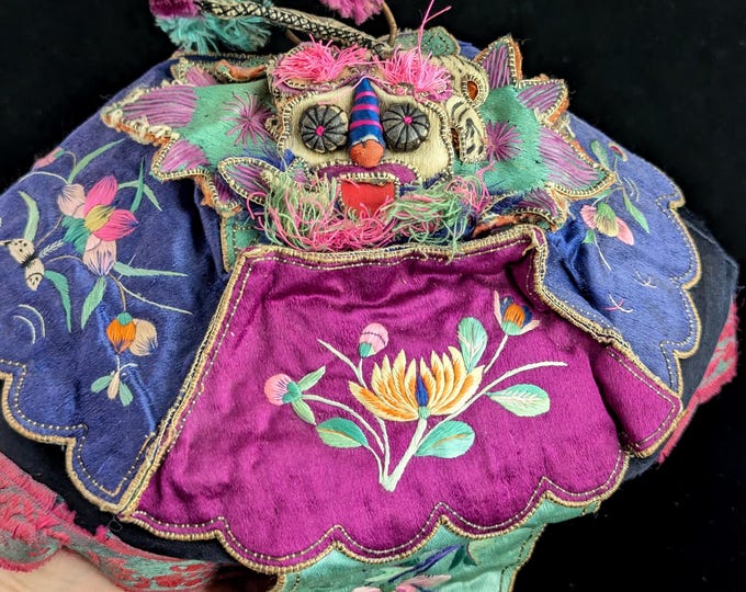 Antique Chinese festival hat, Lion, Lotus Flower, Embroidered silk, Protection animal