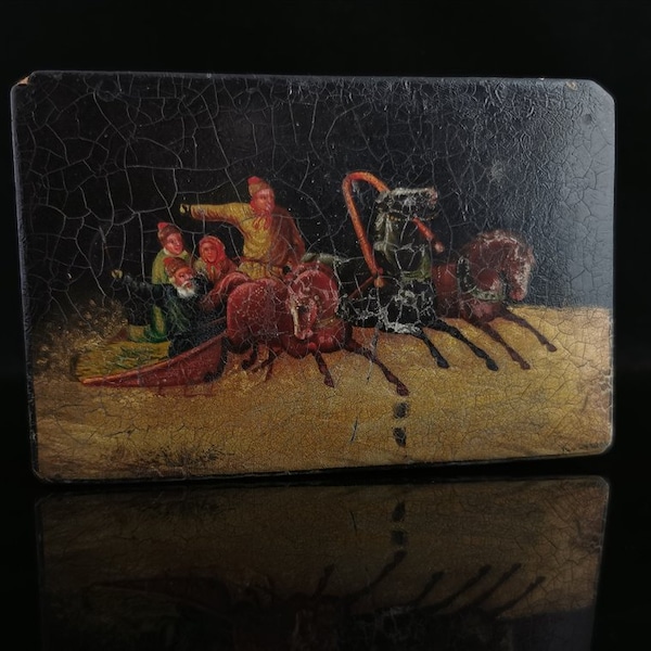 Antique Russian lacquer tobacco box, horses