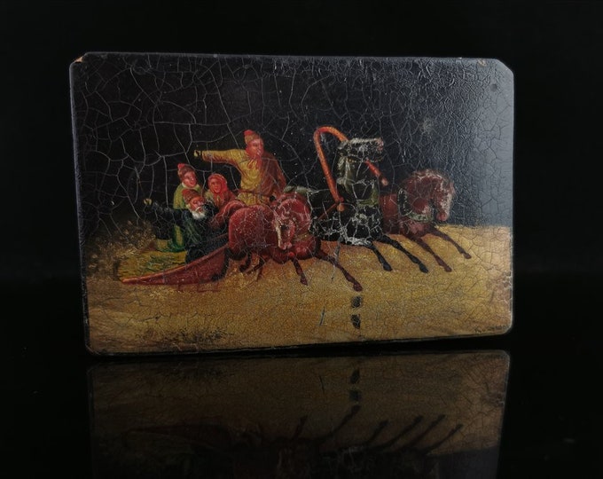 Antique Russian lacquer tobacco box, horses