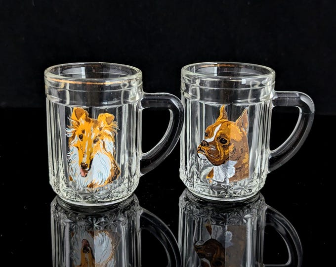 Vintage Retro Italian mini glass tankards, Hand painted Dogs, Collie and Boxer