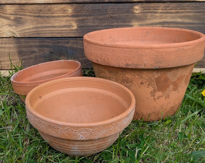 Vintage terracotta planters, plant pots, natural clay, set of 3