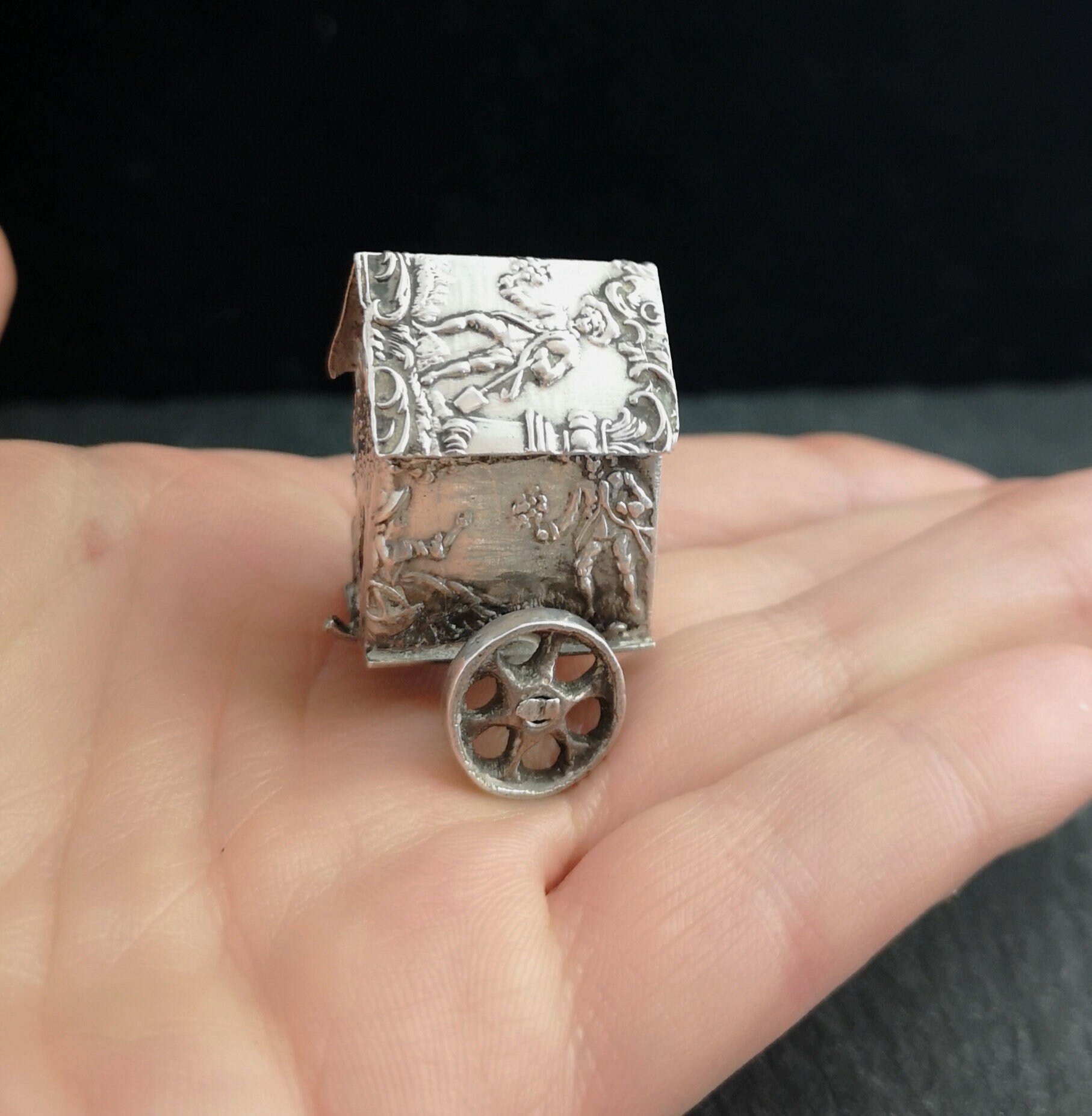 Vintage fine silver miniature carriage, cart, Romantic scene