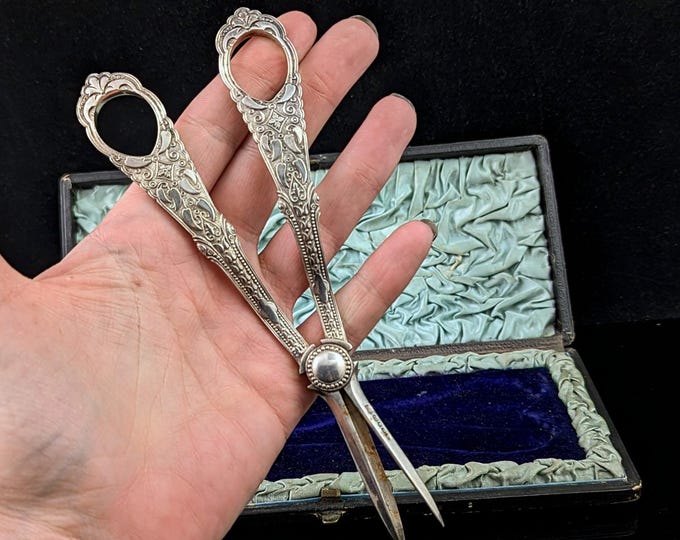 Antique Silver plated grape shears, cased