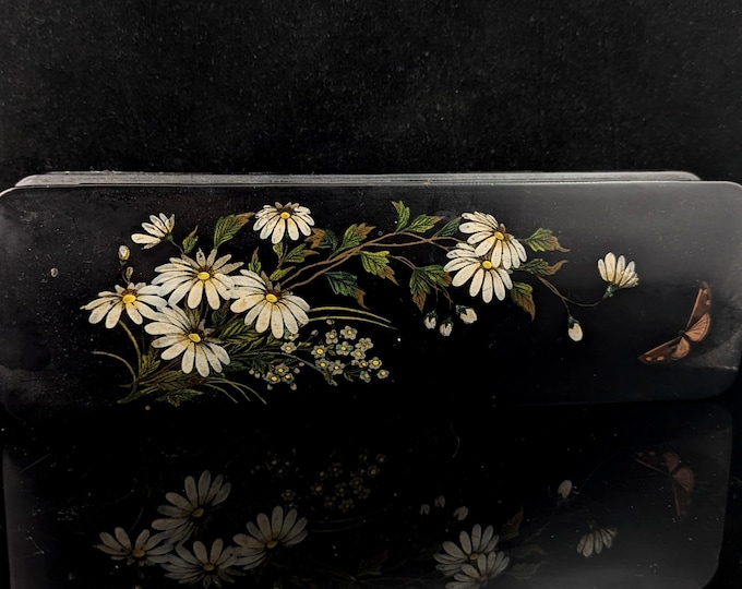Antique Victorian papier mache glove box, flowers and butterflies