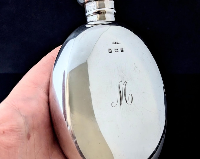 Antique sterling silver hip flask, oval, M initial