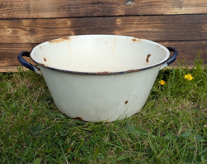 Large blue and white enamel pot, planter