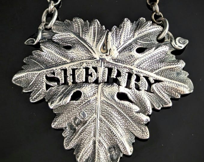 Antique Georgian era silver Sherry decanter label, bottle tag, Vine leaf