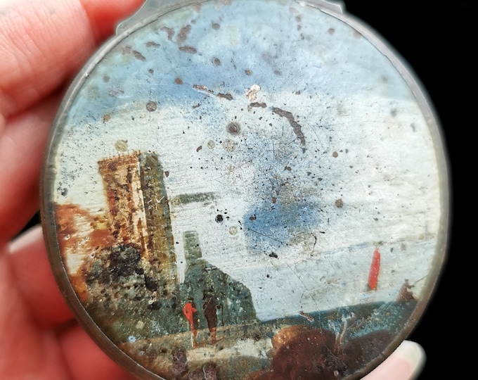 Antique Hand painted lacquered snuff box, Coastal scene