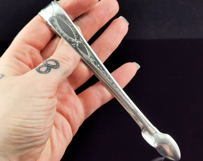 Antique Georgian sterling silver sugar tongs large, Bright cut engraved