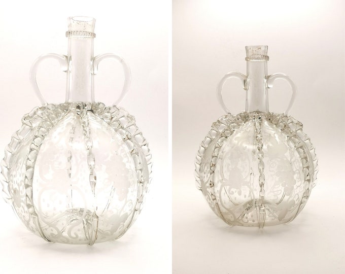 Antique 18th century Dutch glass decanter, ruffle glass, Etched