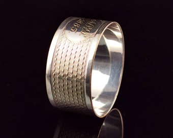 Antique Victorian silver plated napkin ring, Monogrammed, Engine turned