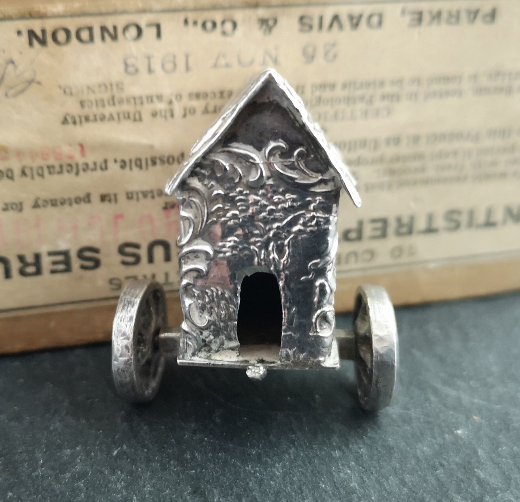 Vintage fine silver miniature carriage, cart, Romantic scene