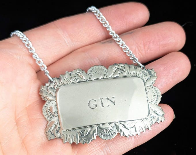 Vintage bottle label, Gin, Silver plated, Art Deco