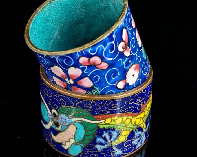 Antique Chinese cloisonne enamel napkin rings, Pair, dragon and flowers