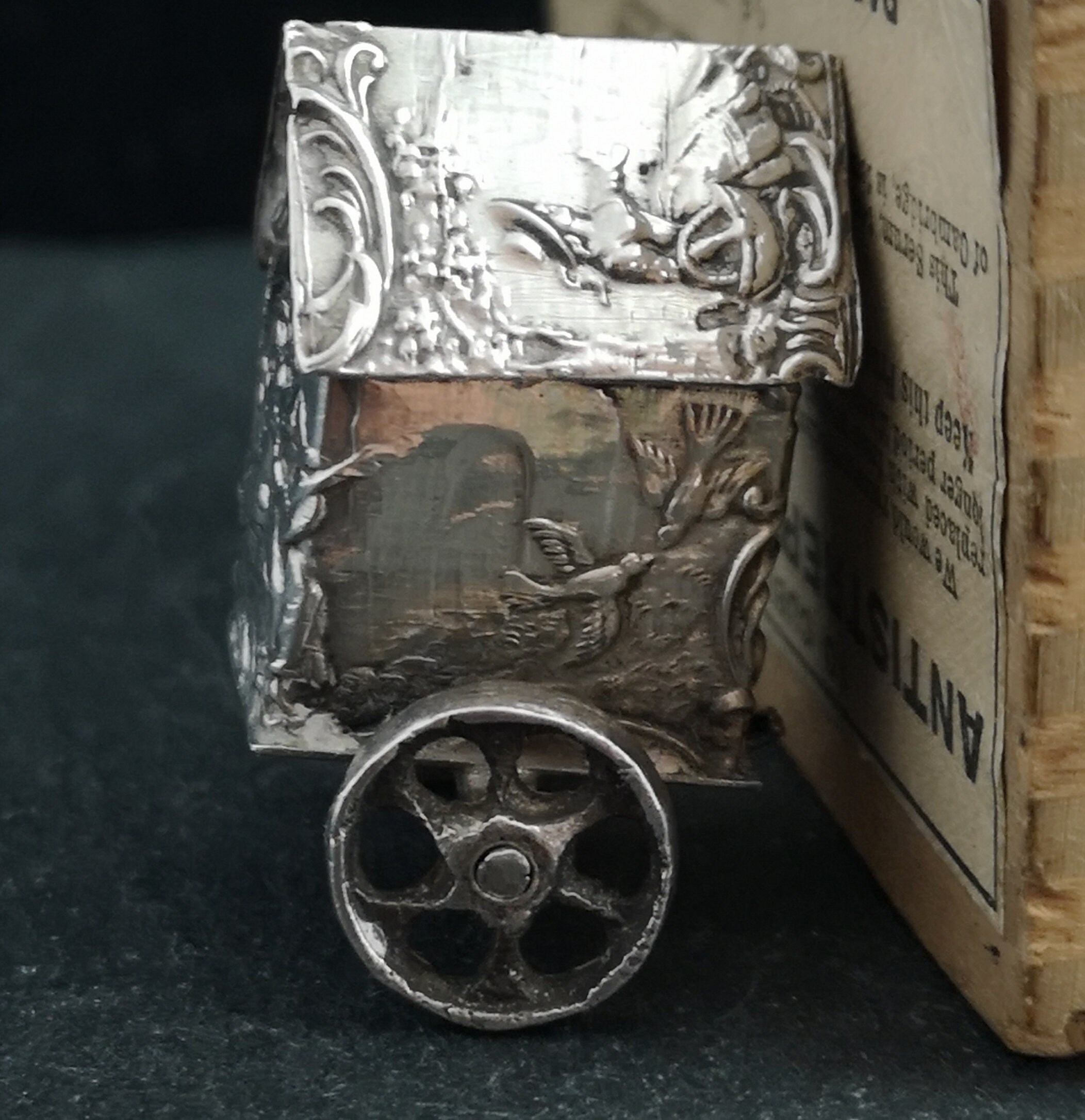 Vintage fine silver miniature carriage, cart, Romantic scene