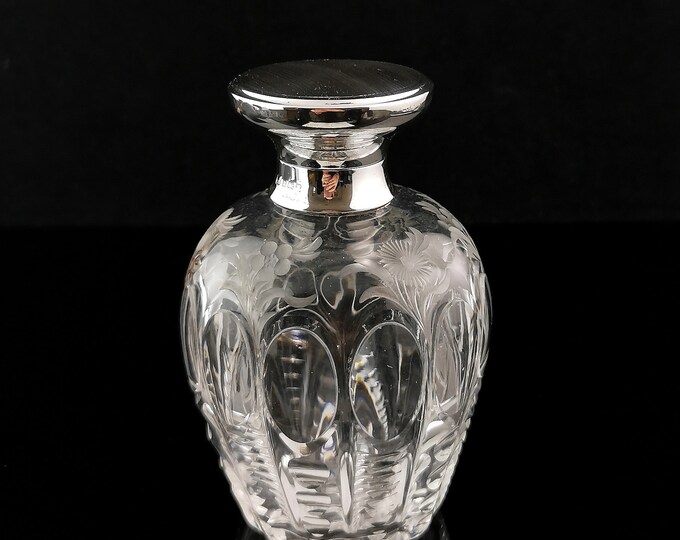 Antique etched glass scent bottle, sterling silver, large