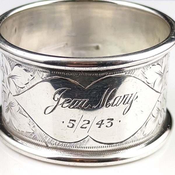 Antique sterling silver napkin ring, leaf engraved, Monogrammed
