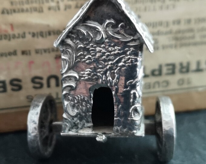 Vintage fine silver miniature carriage, cart, Romantic scene