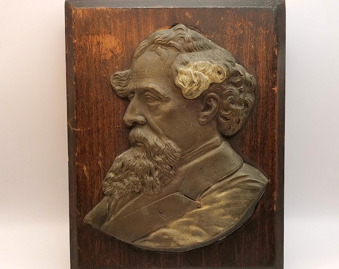 Antique Charles Dickens plaque, metal and wood sculpture