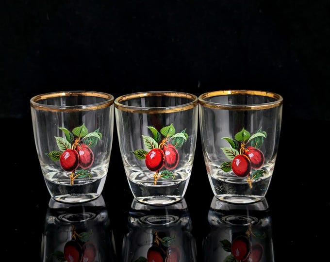 Vintage French glass shot glasses, hand painted, Retro