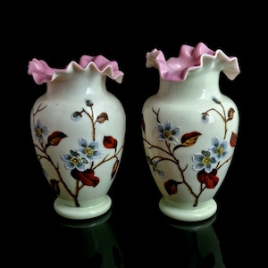 Antique enamelled glass vases, Primrose glass, Victorian, Pair