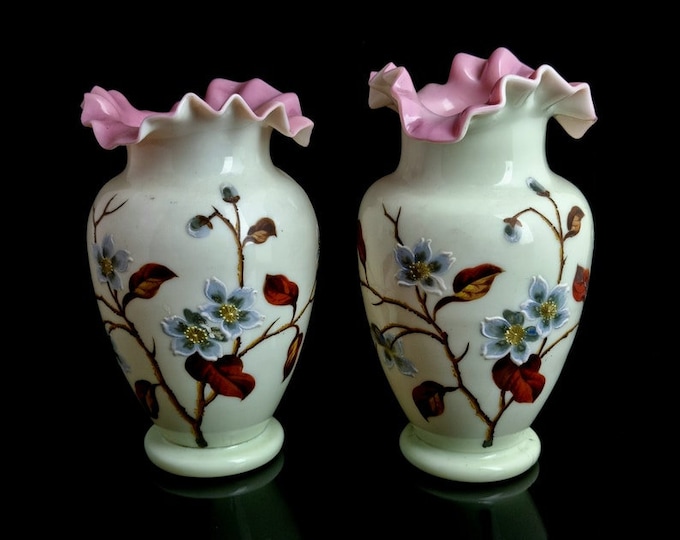 Antique enamelled glass vases, Primrose glass, Victorian, Pair