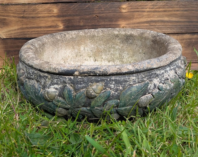 Antique stone planter, heavy, acorns