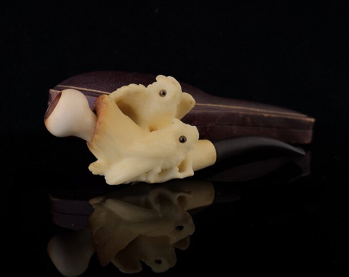 Antique Meerschaum pipe, owls, glass eyes