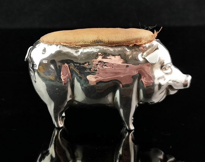 Antique sterling silver pig pincushion, Edwardian