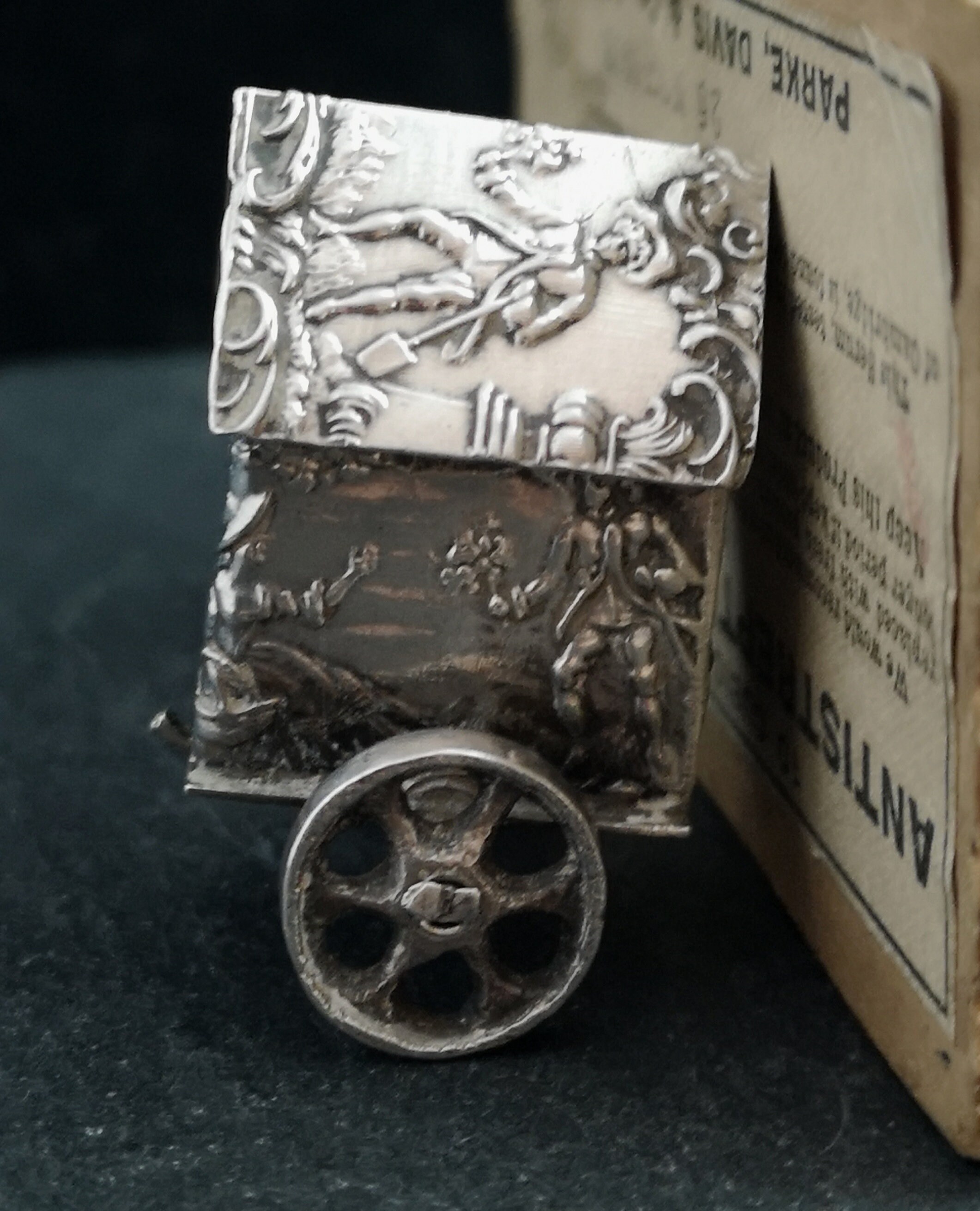 Vintage fine silver miniature carriage, cart, Romantic scene