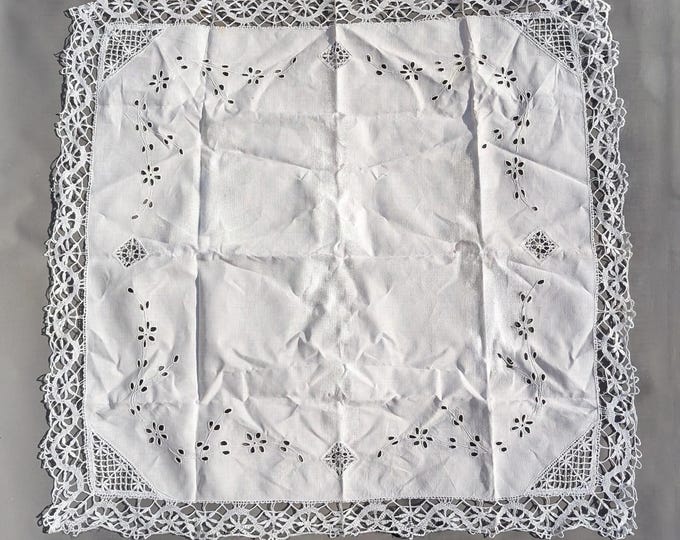 Vintage white cotton tablecloth, small, square, Crochet