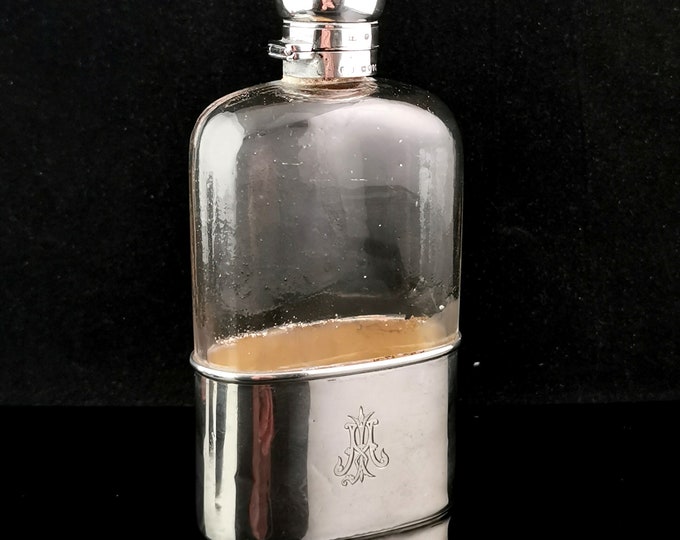Antique sterling silver cased hip flask, glass