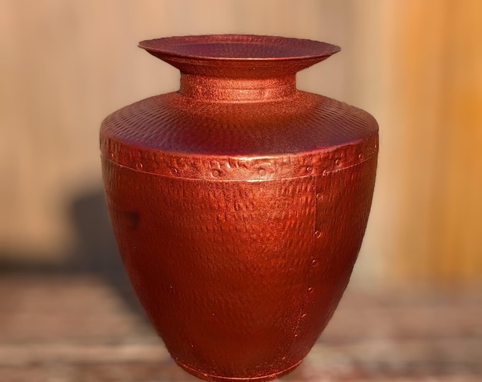 Vintage large copper tone metal vase, floor vase