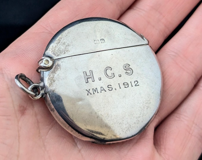 Antique Sterling silver Vesta case, round, Xmas 1912