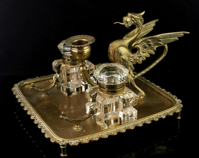Antique Victorian brass Wyvern ink stand, inkwells