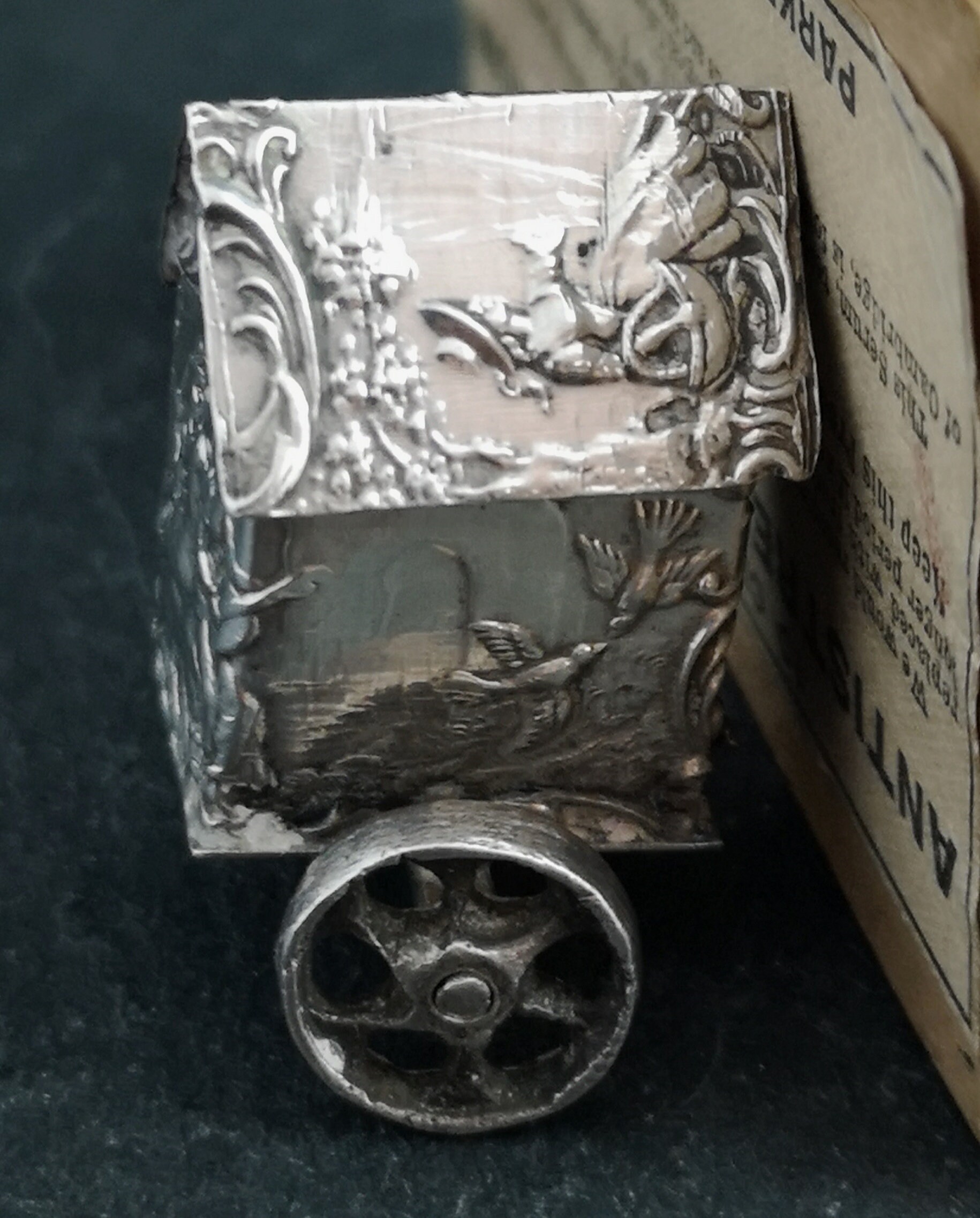 Vintage fine silver miniature carriage, cart, Romantic scene