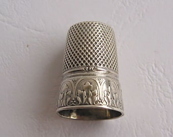 Vintage antique Art Nouveau thimble probably made of silver with free monogram field leaf decoration sewing accessory France Germany around 1900