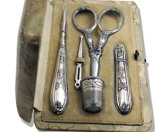 Vintage antique needle case sewing accessories made of silver/wild boar head hallmark thimble scissors threader needle case engraver France around 1900