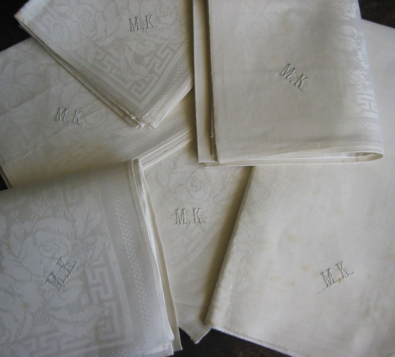Vintage-6 Art Nouveau linen napkins-in-the-original-state-monogram MK-large English roses with leaves-meanders-France around 1900