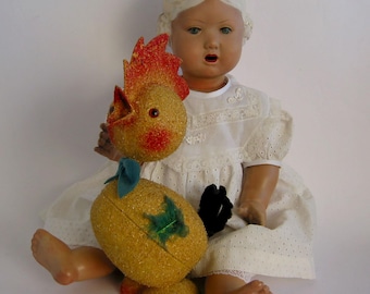 Vintage antique 32.5 cm candy container/box with flocked papier-mâché bobblehead rooster for filling, Western Germany, circa 1950-1960