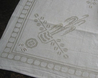 Vintage 1 antike Jugendstil-Leinen-Seide-Serviette mit Relief-Monogramm AS stilreines Jugendstil-Motiv sehenswert Frankreich um 1900 60x58cm