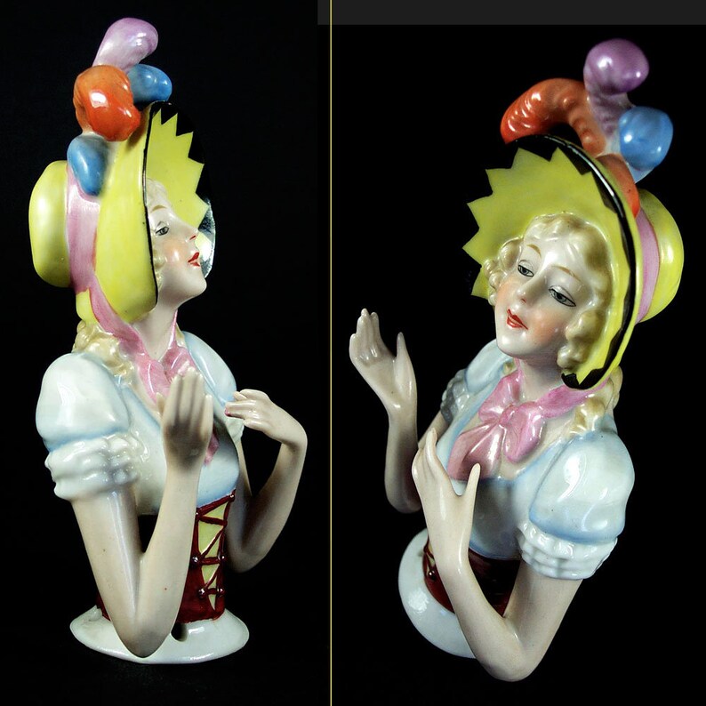 Vintage Antique 12.5 Cm Large Porcelain Figurine Tea Doll Half Doll Pin Cushion With Hat and
