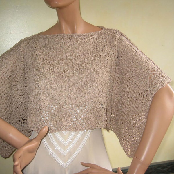 Handarbeit gestrickter Baumwolle Poncho Cape Überwurf Bolero Shrug auch für die Braut in der Farbe Sand aus 100% Baumwolle für den Sommer