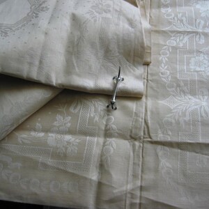 Vintage-6 Art Nouveau linen napkins-in-the-original-state-monogram MK-large English roses with leaves-meanders-France around 1900