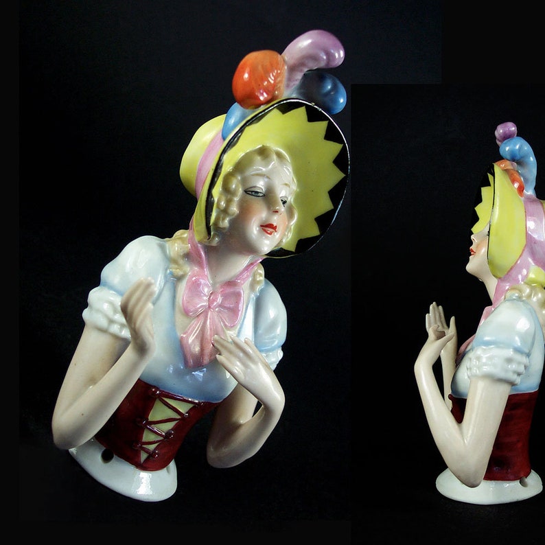 Vintage Antique 12.5 Cm Large Porcelain Figurine Tea Doll Half Doll Pin Cushion With Hat and